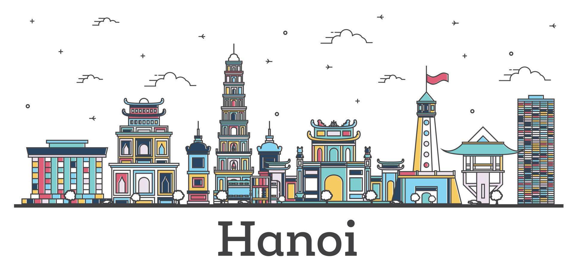 Outline Hanoi Vietnam City Skyline with Color Buildings Isolated on White. vector