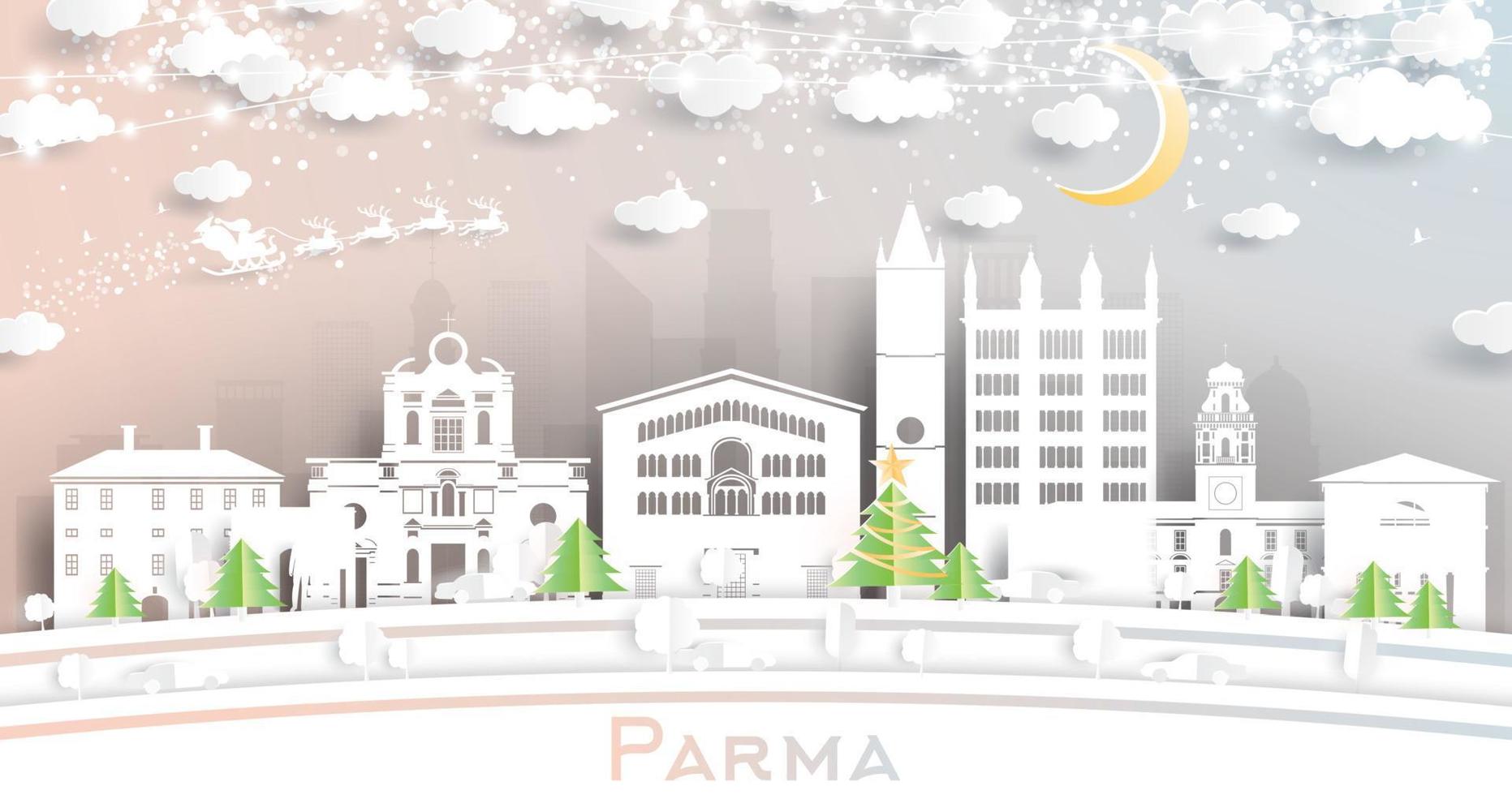 horizonte de la ciudad de parma italia en estilo de corte de papel con copos de nieve, luna y guirnalda de neón. vector