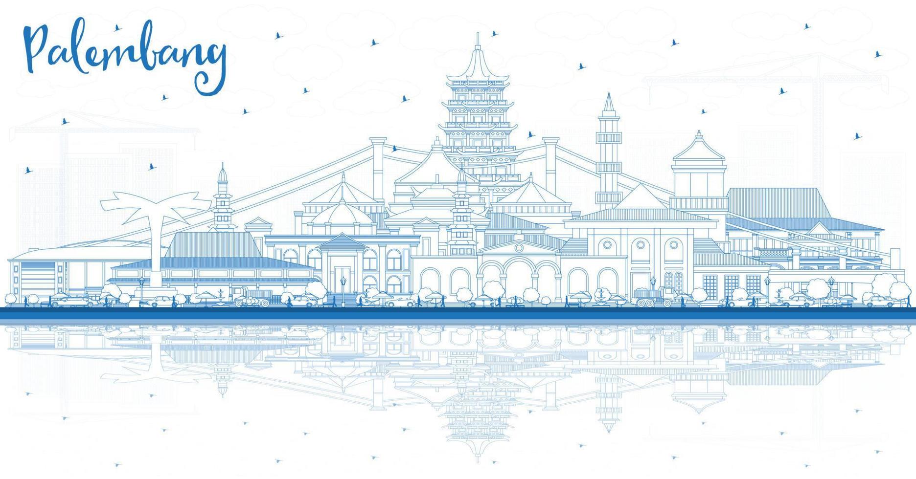 Outline Palembang Indonesia City Skyline with Blue Buildings and Reflections. vector