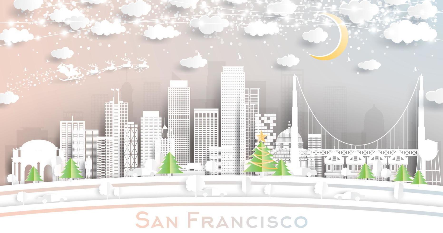 San Francisco California USA City Skyline in Paper Cut Style with Snowflakes, Moon and Neon Garland. vector