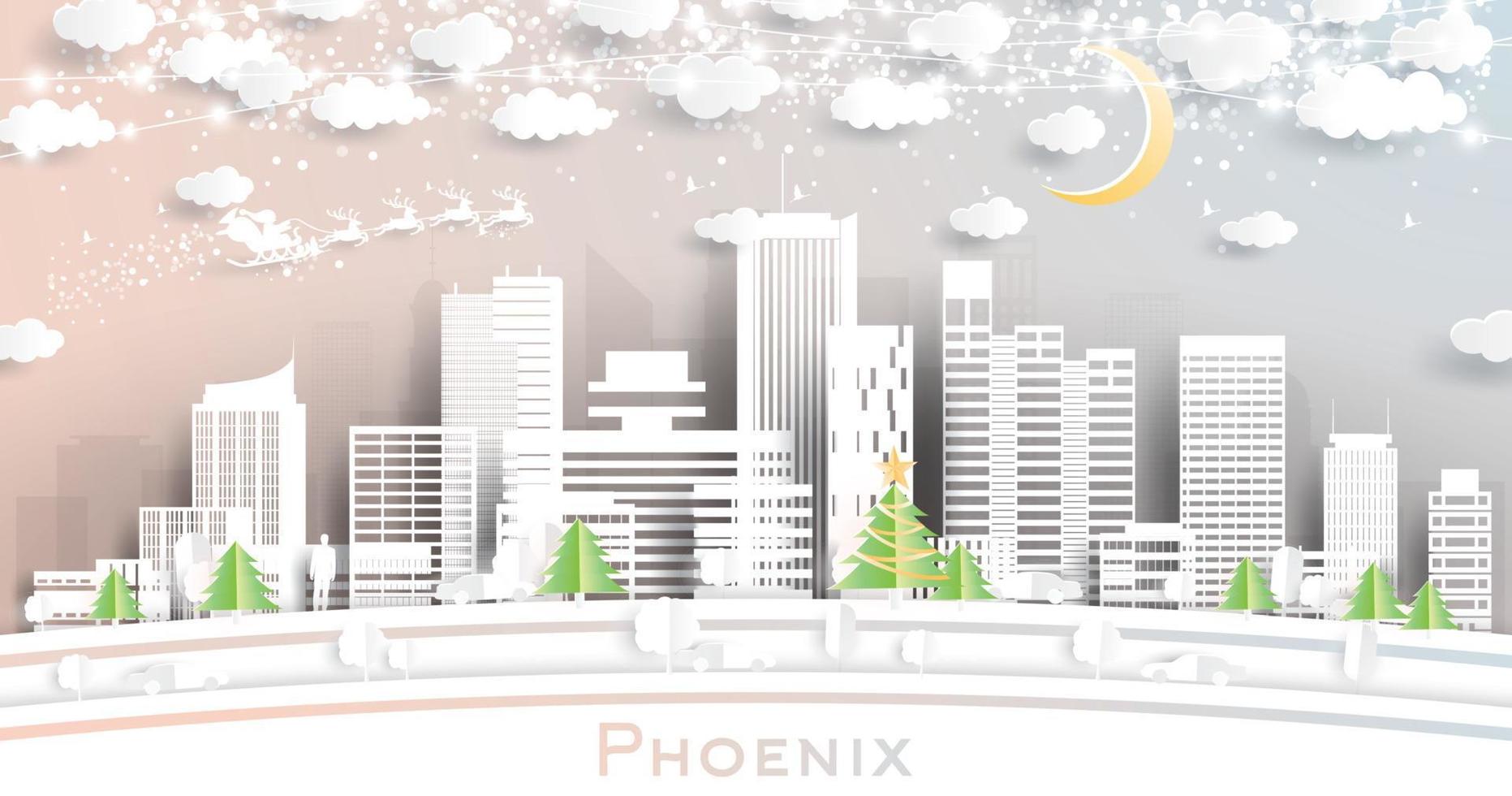 Phoenix Arizona City Skyline in Paper Cut Style with Snowflakes, Moon and Neon Garland. vector