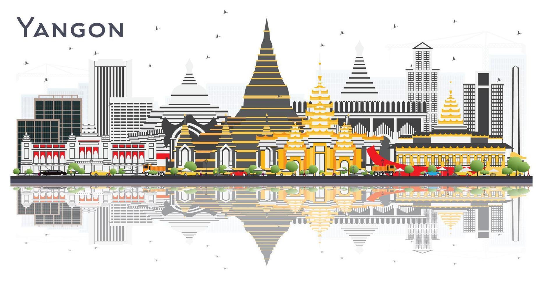 Yangon Myanmar City Skyline with Gray Buildings and Reflections Isolated on White. vector
