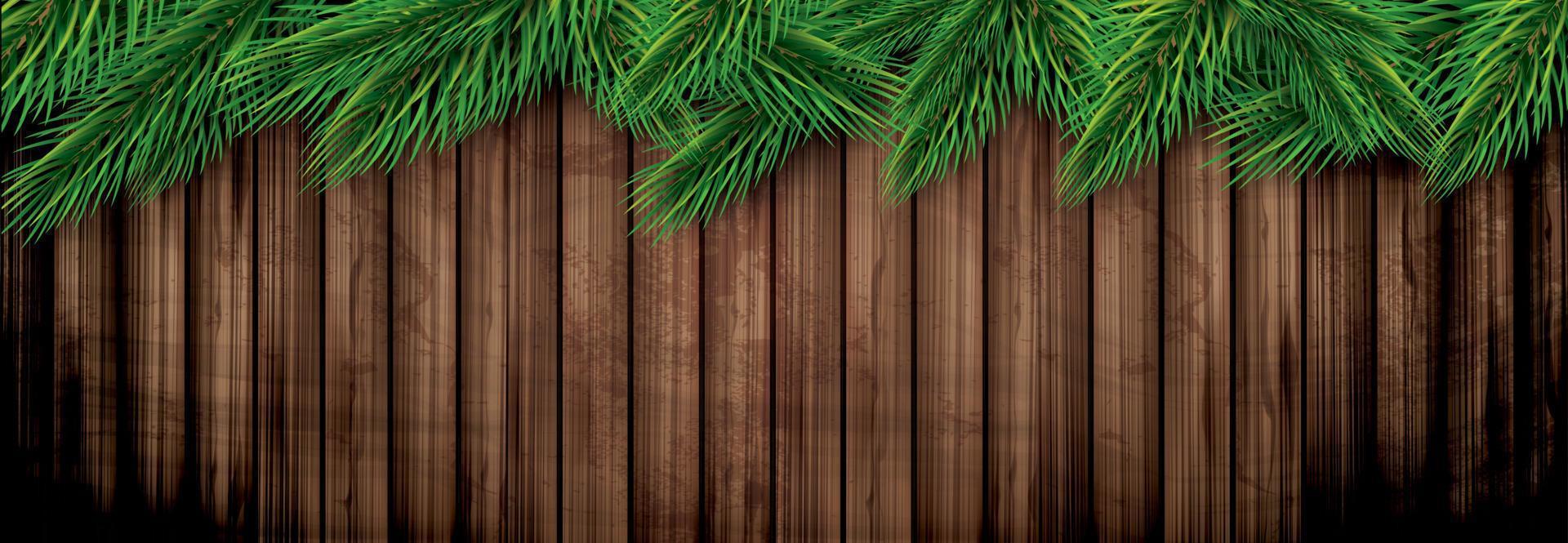 Fir Branches on Wooden Background. Pine Sprigs on Above. Christmas and New Year Decoration. vector