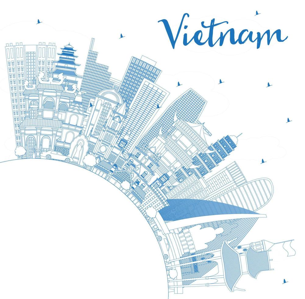 delinee el horizonte de la ciudad de vietnam con edificios azules y copie el espacio. vector