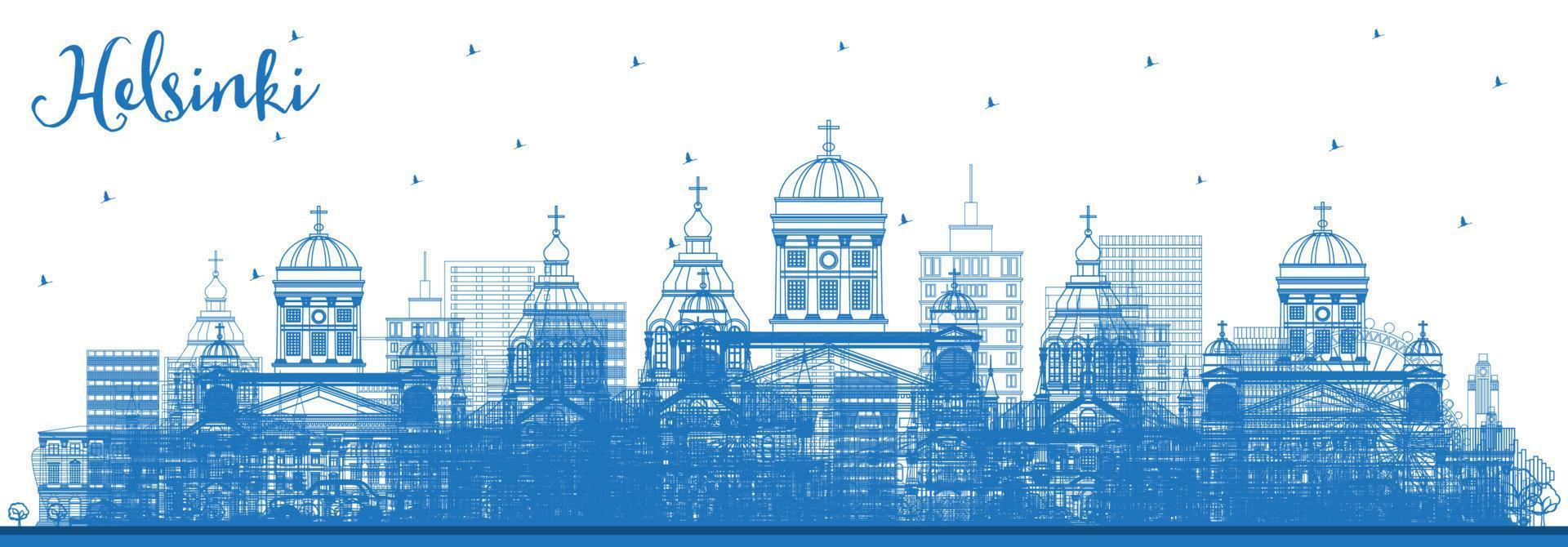 Outline Helsinki Finland City Skyline with Blue Buildings. vector