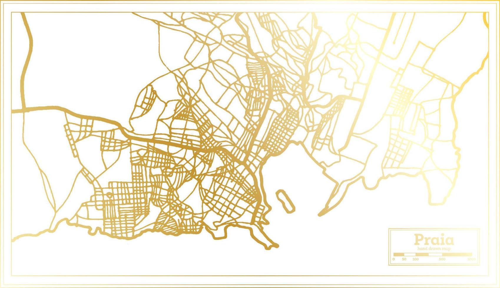 mapa de la ciudad de praia cabo verde en estilo retro en color dorado. esquema del mapa. vector