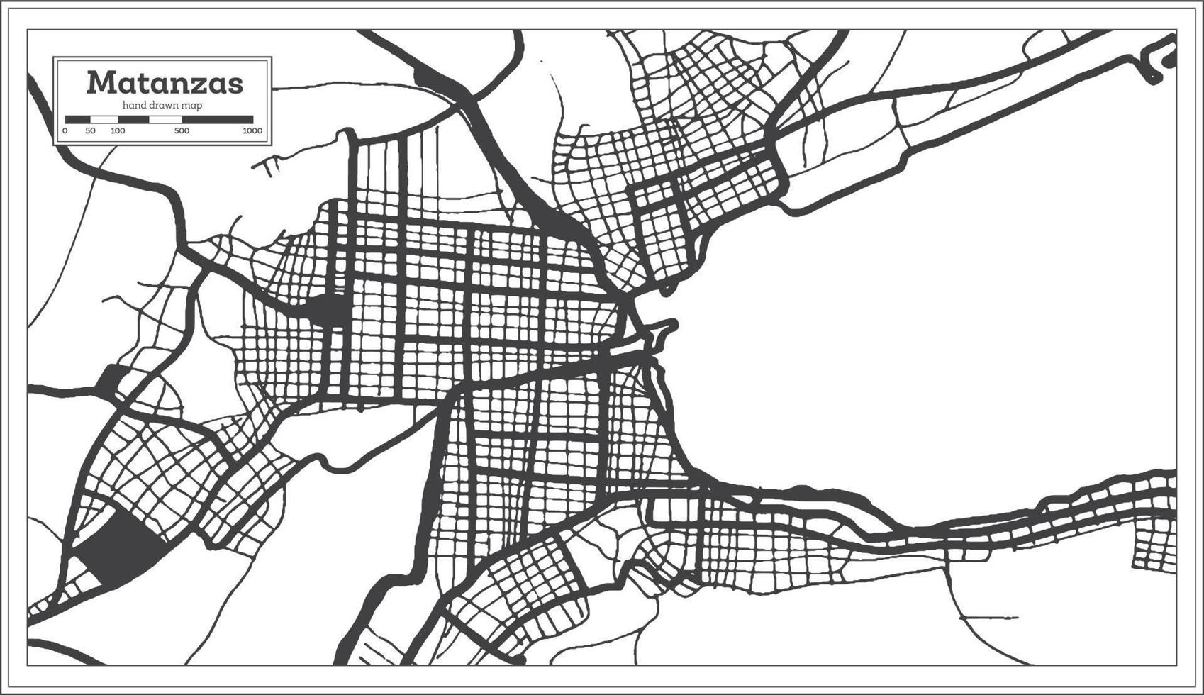 mapa de la ciudad de matanzas cuba en color blanco y negro en estilo retro. esquema del mapa. vector
