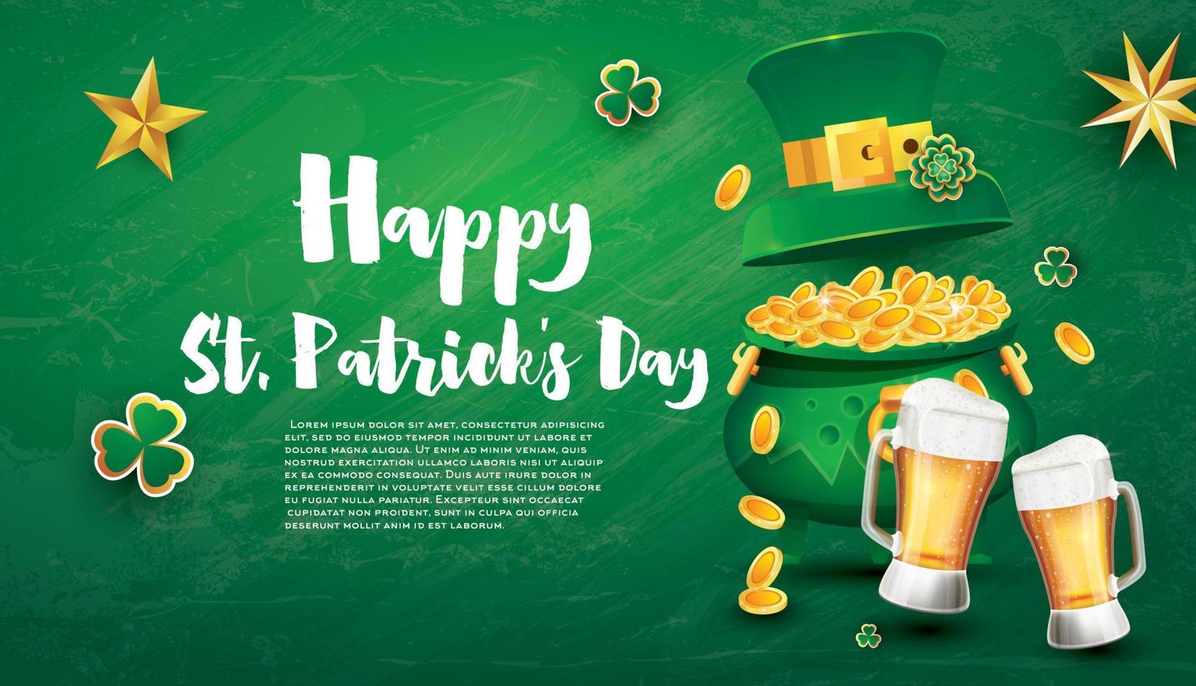 Saint Patricks Day Festive Banner with Pot Filled Golden Coins, Glass of Beer, Green Top Hat and Shamrock. vector