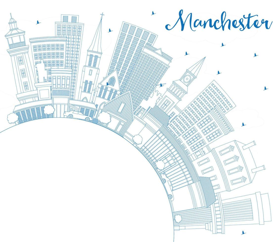 esbozar el horizonte de la ciudad de manchester new hampshire con edificios azules y espacio de copia. vector