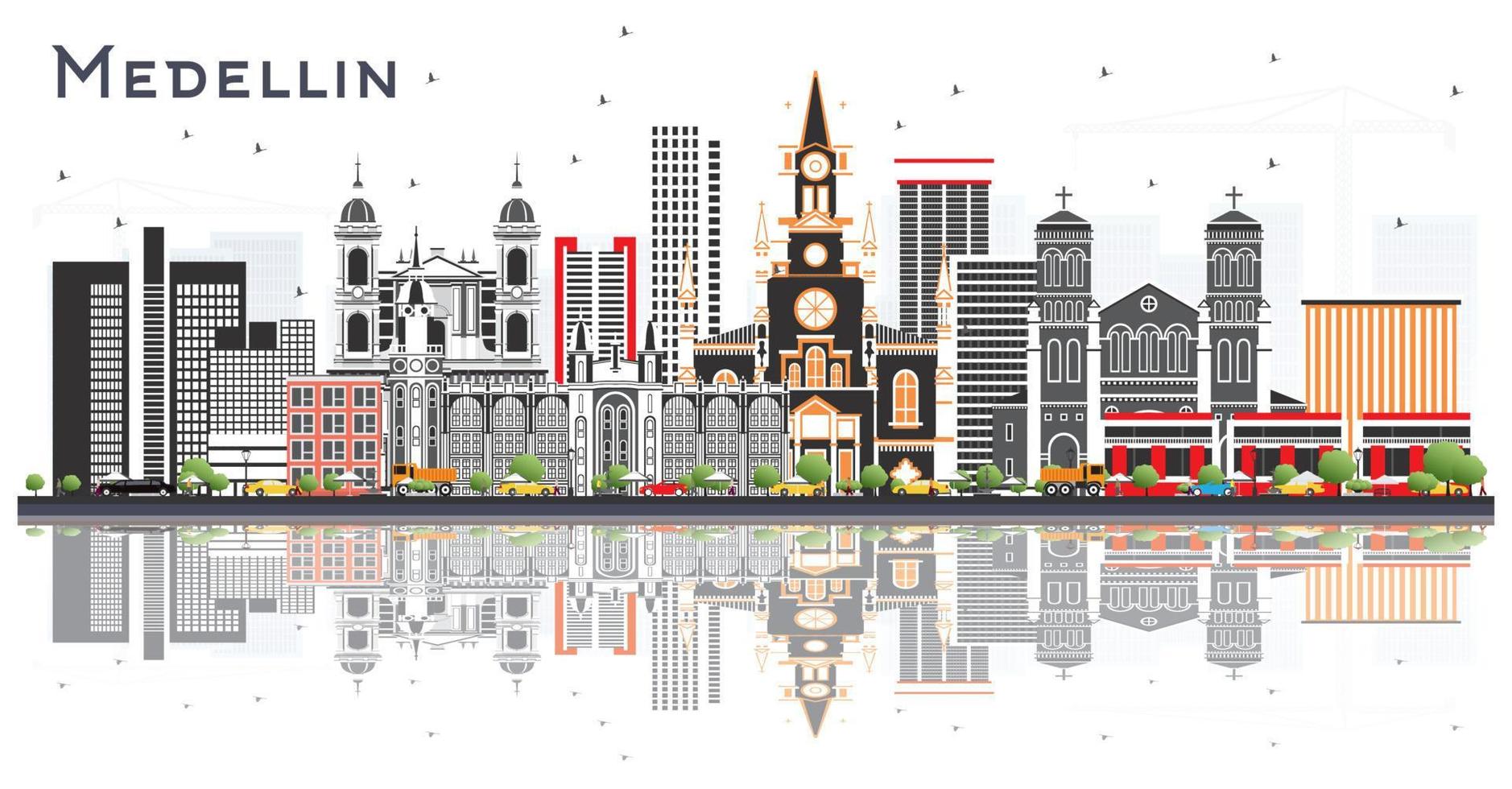 horizonte de la ciudad de medellín colombia con edificios grises y reflejos aislados sobre fondo blanco. vector