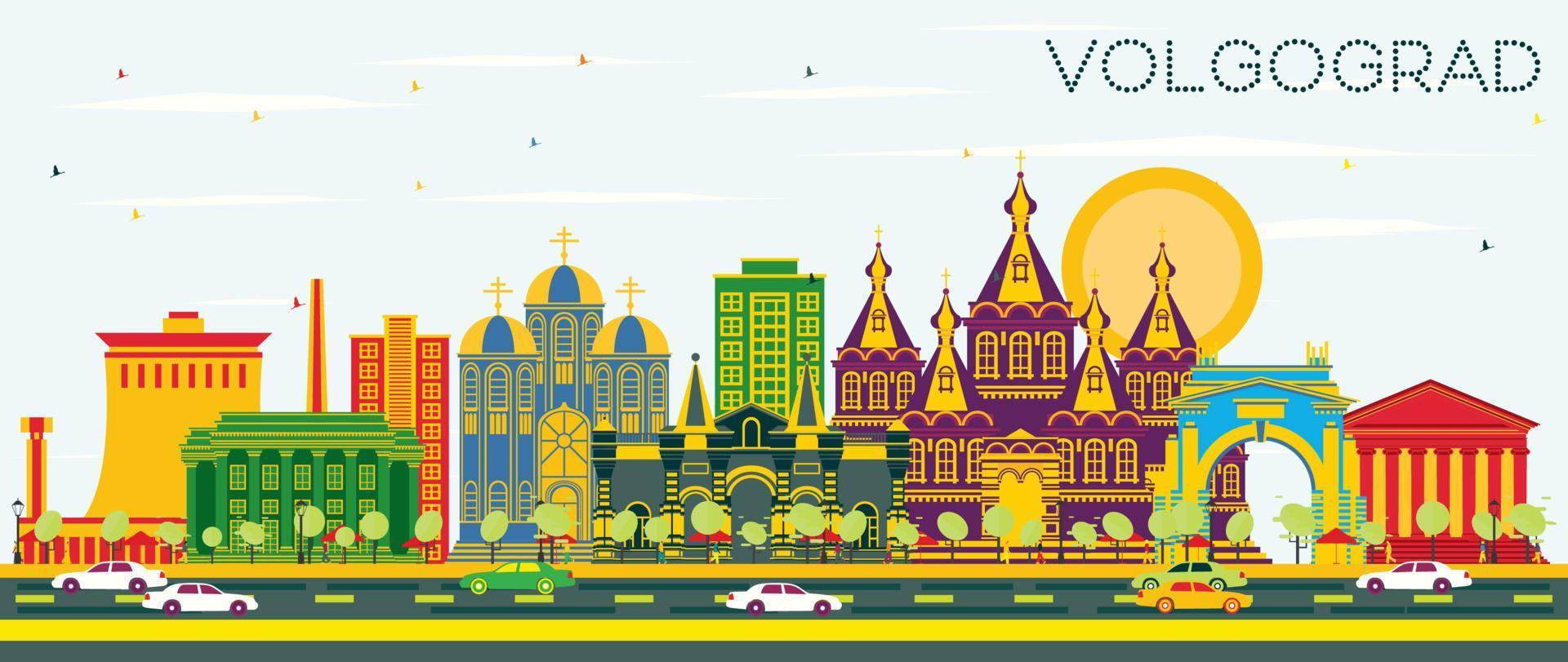 Volgograd Russia City Skyline with Color Buildings and Blue Sky. vector