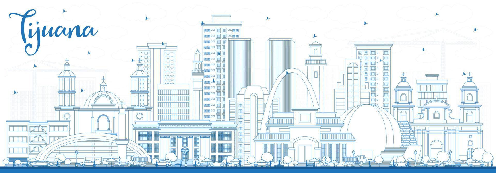 Outline Tijuana Mexico City Skyline with Blue Buildings. vector