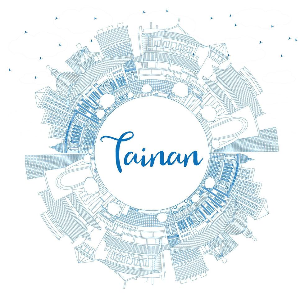 Outline Tainan Taiwan City Skyline with Blue Buildings and Copy Space. vector