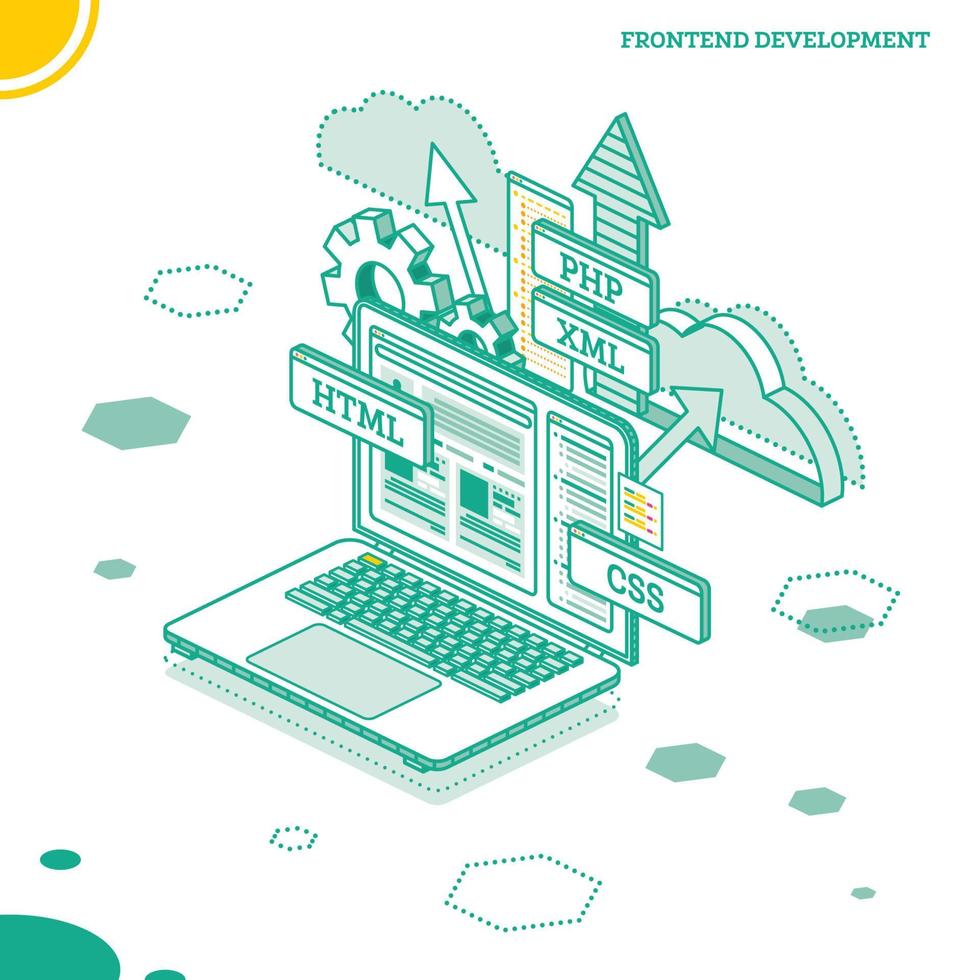 Frontend Development. Isometric Concept with Laptop Isolated on White. vector