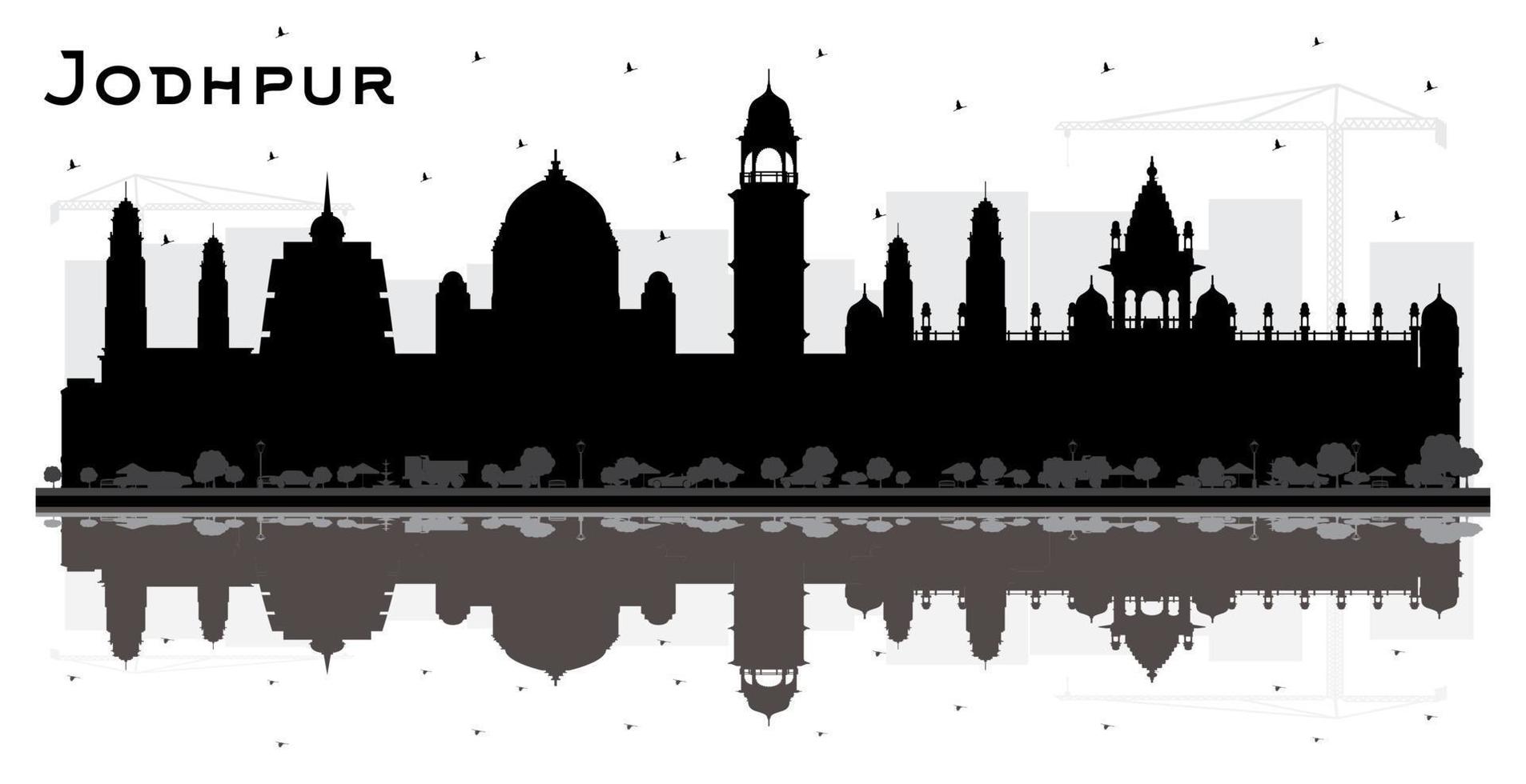 silueta del horizonte de la ciudad de jodhpur india con edificios negros y reflejos aislados en blanco. vector