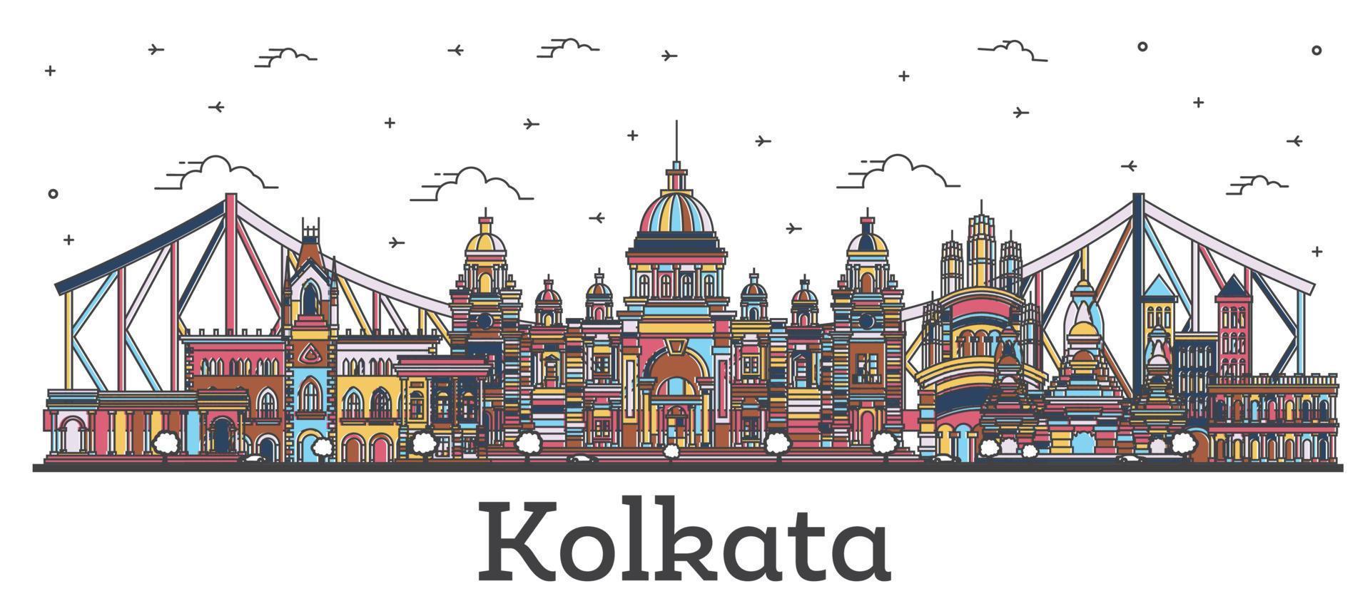 delinear el horizonte de la ciudad de kolkata india con edificios de color aislados en blanco. vector