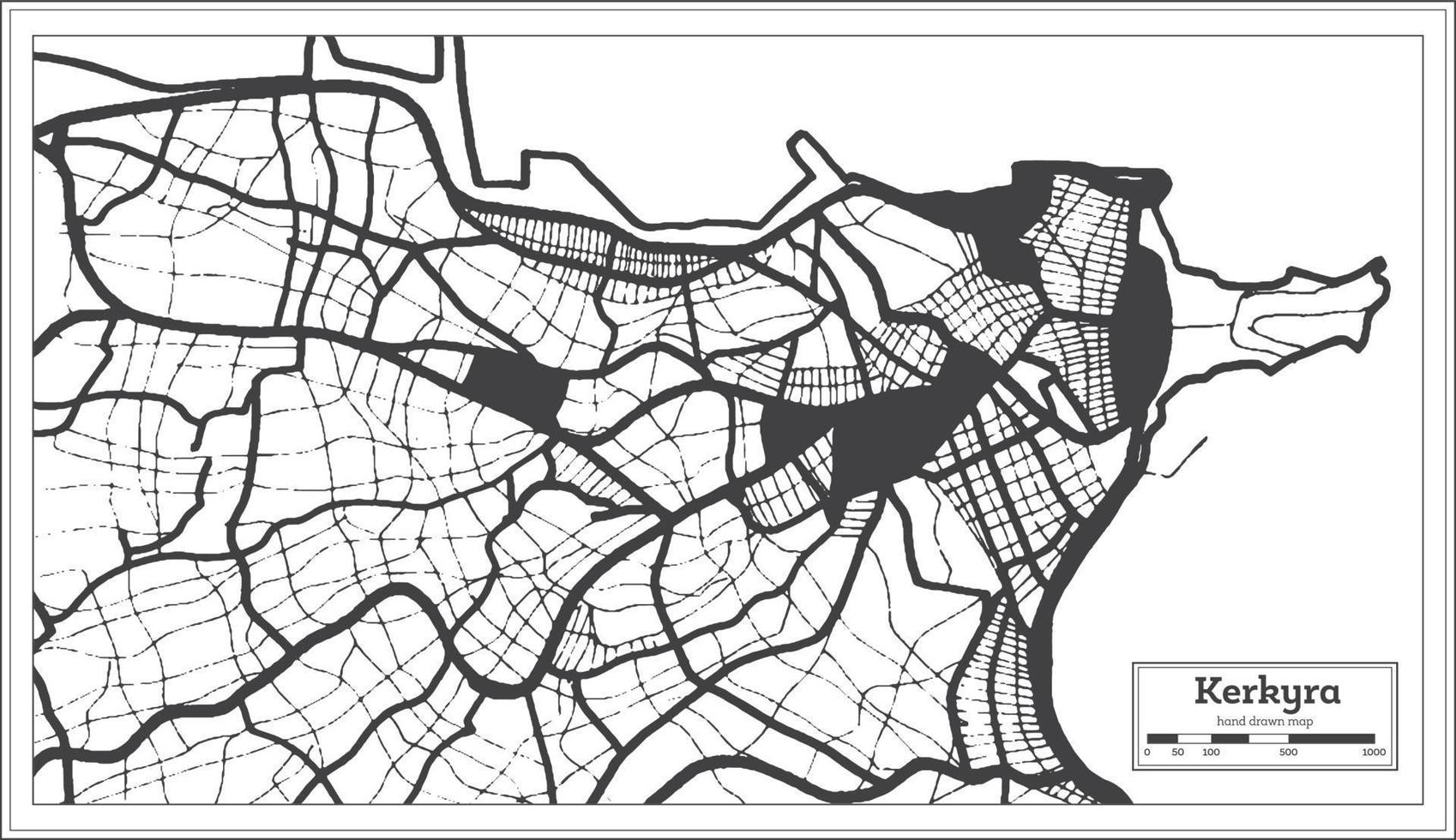 mapa de la ciudad de kerkyra grecia en color blanco y negro en estilo retro. esquema del mapa. vector