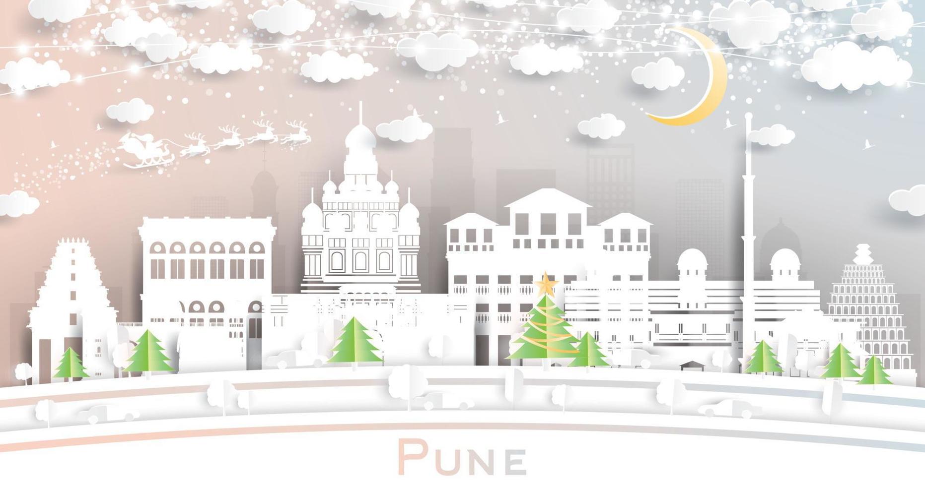 Pune India City Skyline in Paper Cut Style with Snowflakes, Moon and Neon Garland. vector