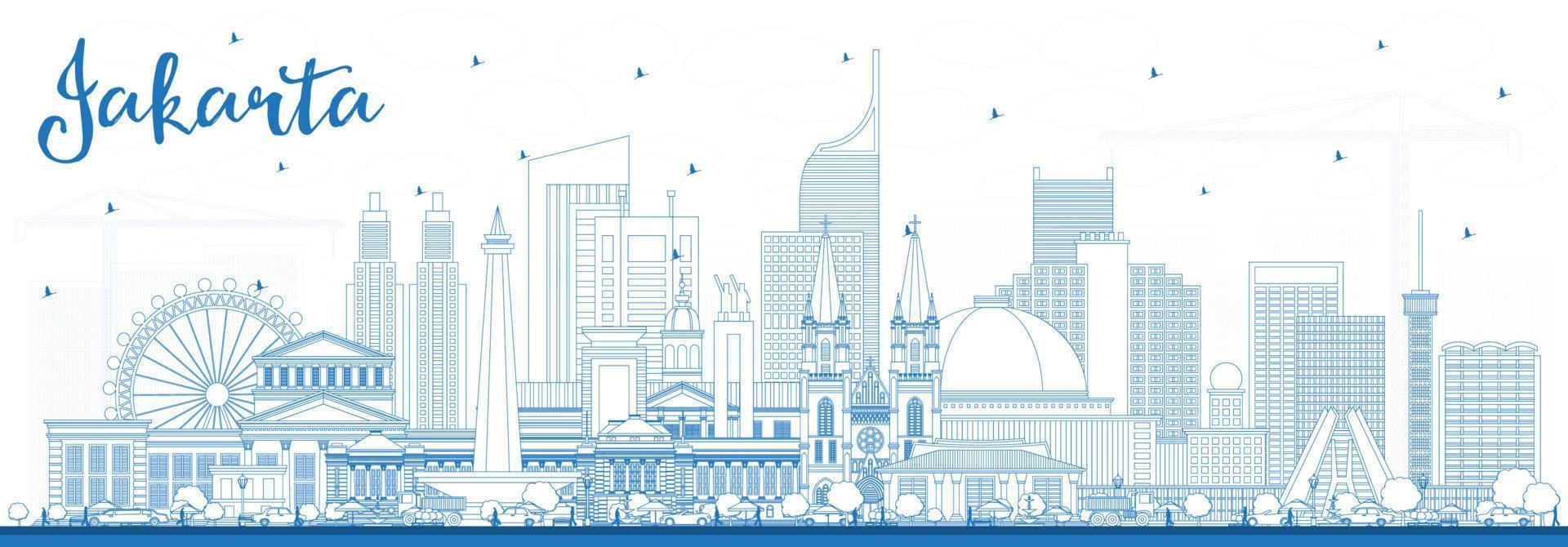 Outline Jakarta Indonesia City Skyline with Blue Buildings. vector
