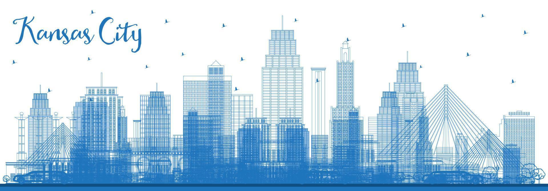 Outline Kansas City Missouri Skyline with Blue Buildings. vector