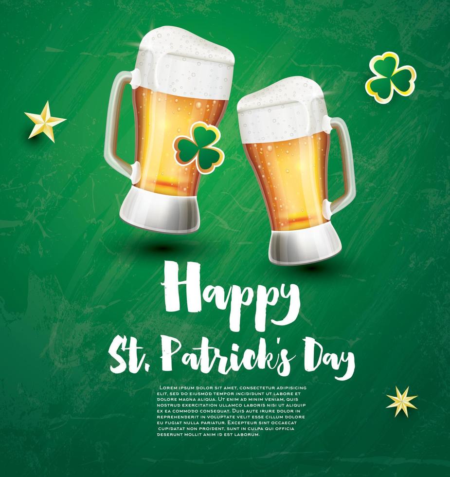 Saint Patricks Day Festive Banner with Two Glasses of Beer and Shamrock. vector