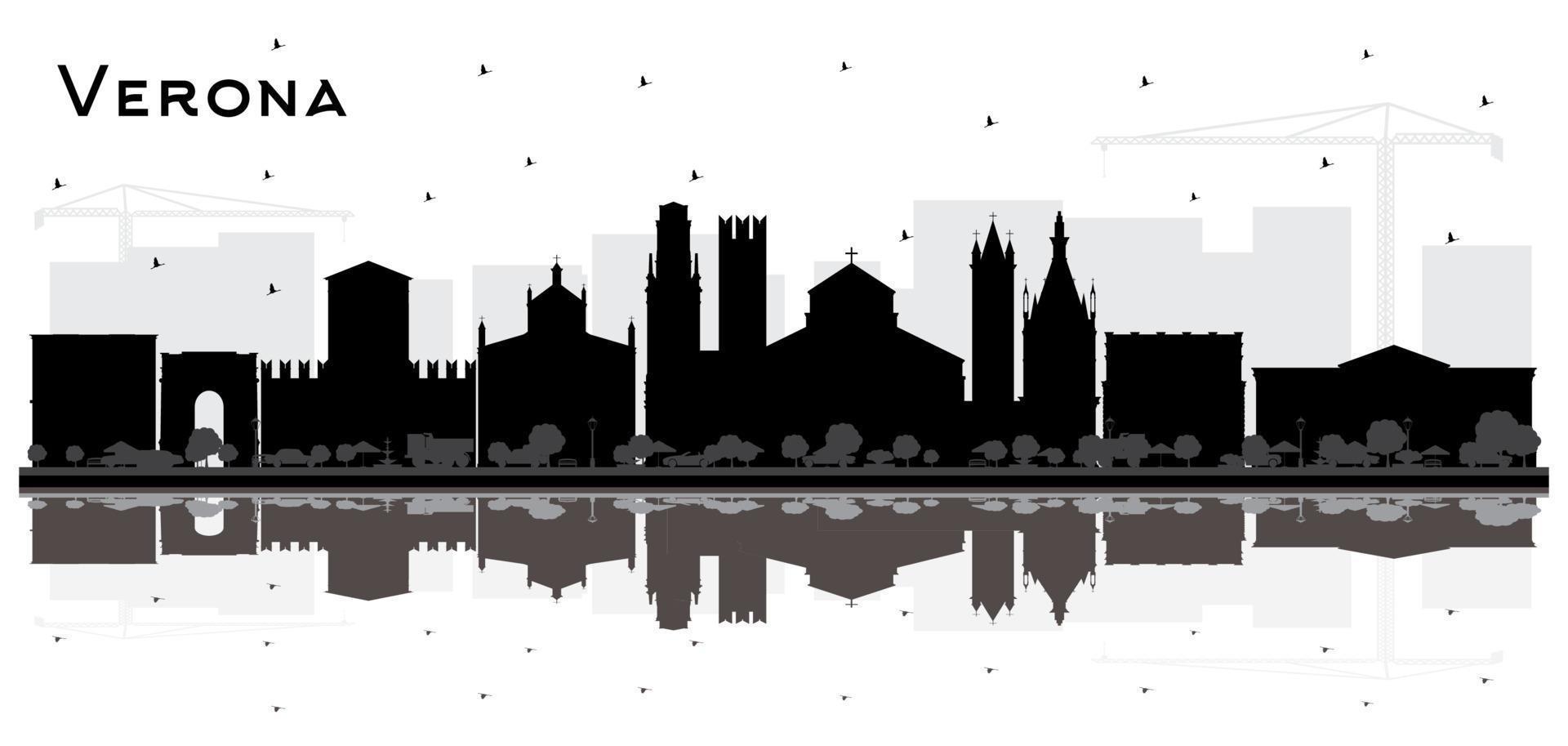 Verona Italy City Skyline Silhouette with Black Buildings and Reflections Isolated on White. vector
