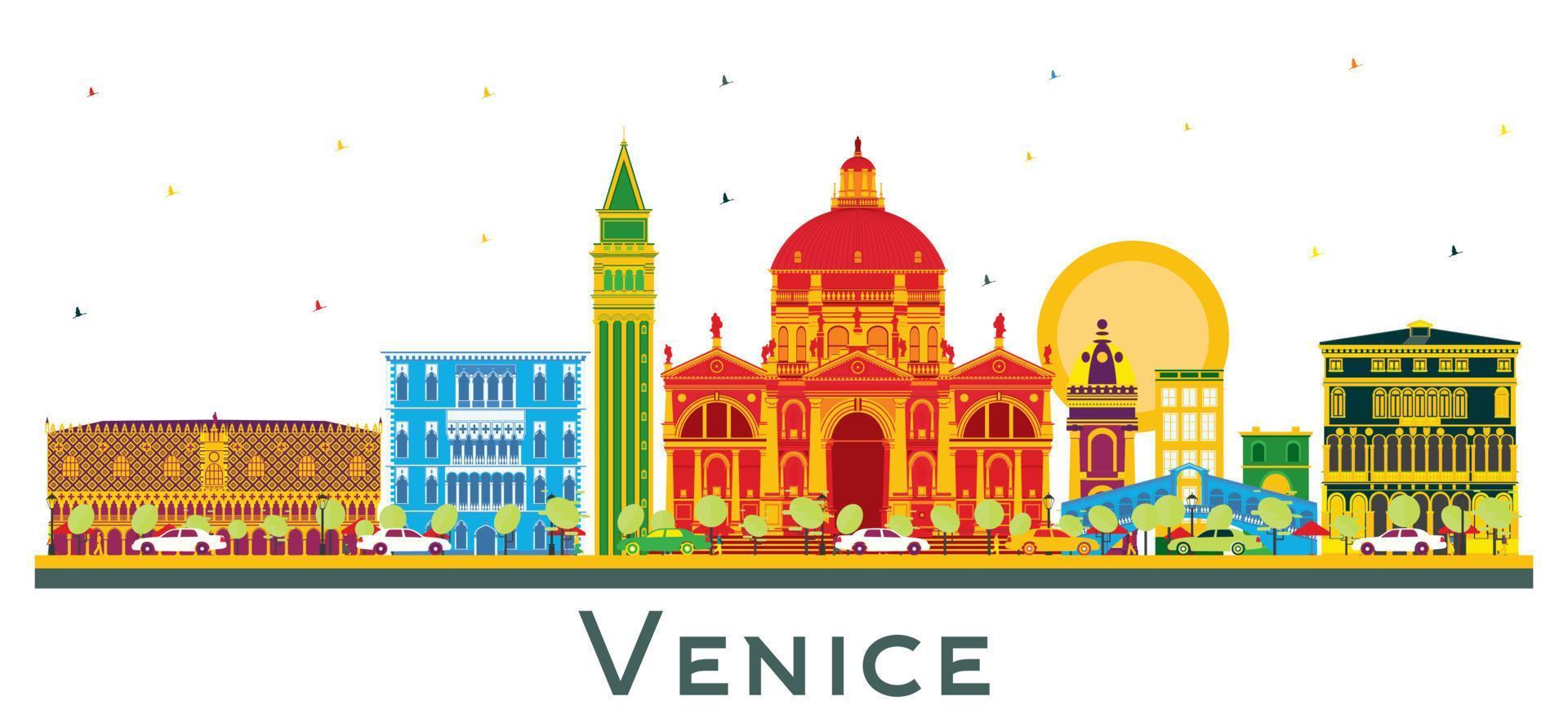 Venice Italy City Skyline with Color Buildings Isolated on White. vector