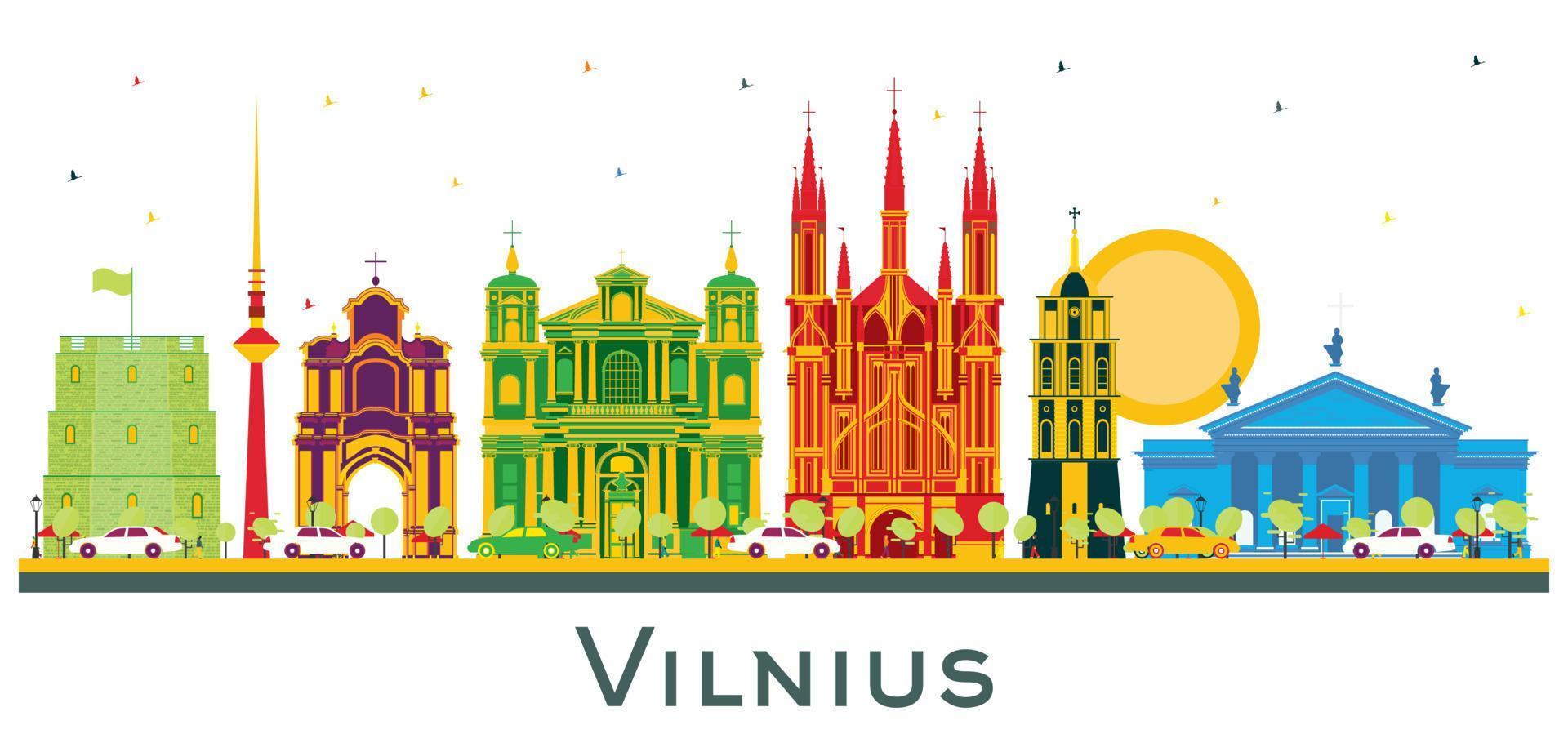 Vilnius Lithuania City Skyline with Color Buildings Isolated on White. vector