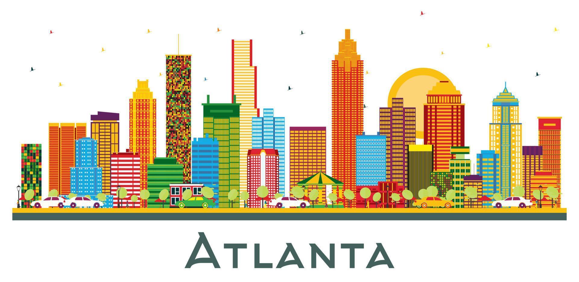 Atlanta Georgia USA City Skyline with Color Buildings and Blue Sky Isolated on White. vector