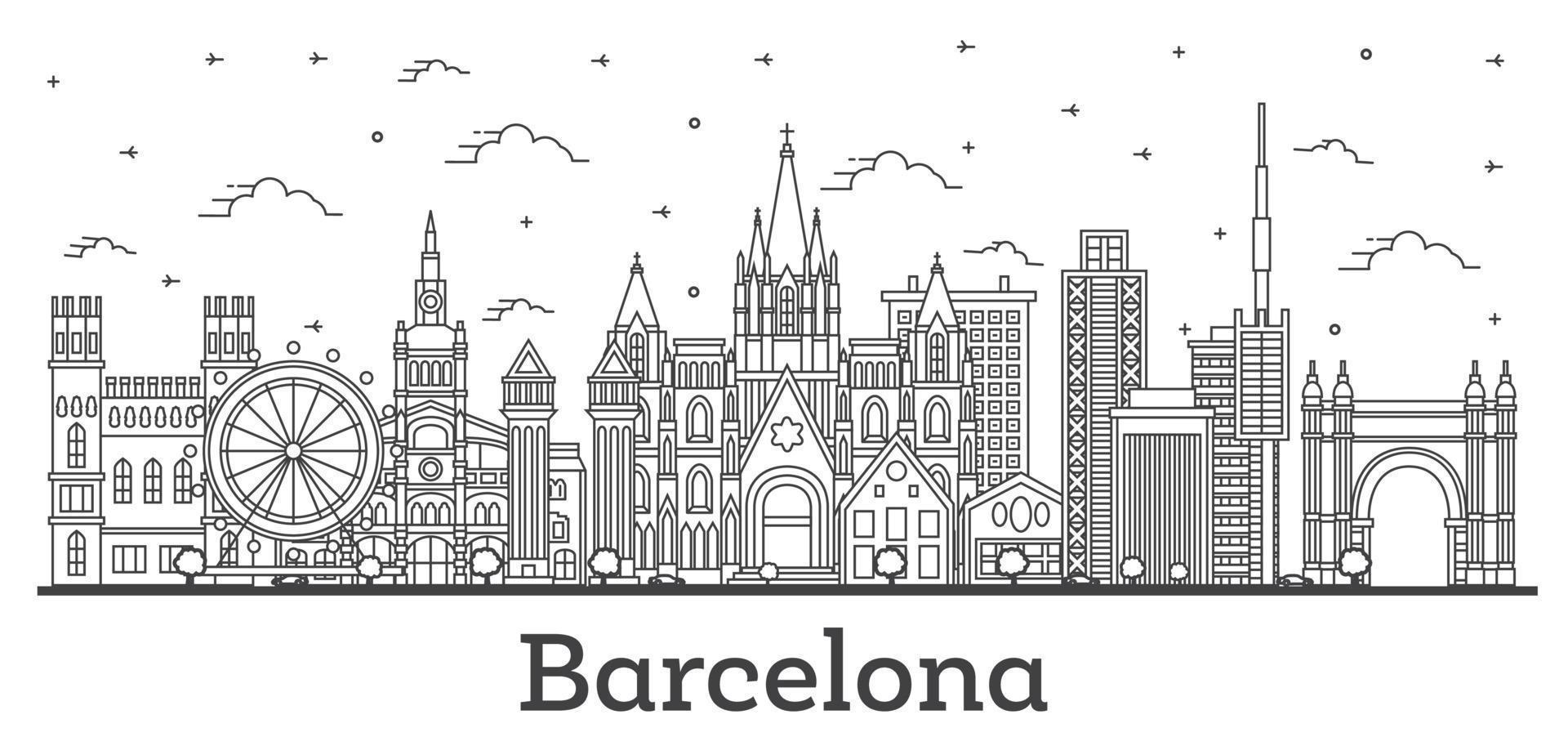 delinear el horizonte de la ciudad de barcelona españa con edificios históricos aislados en blanco. vector