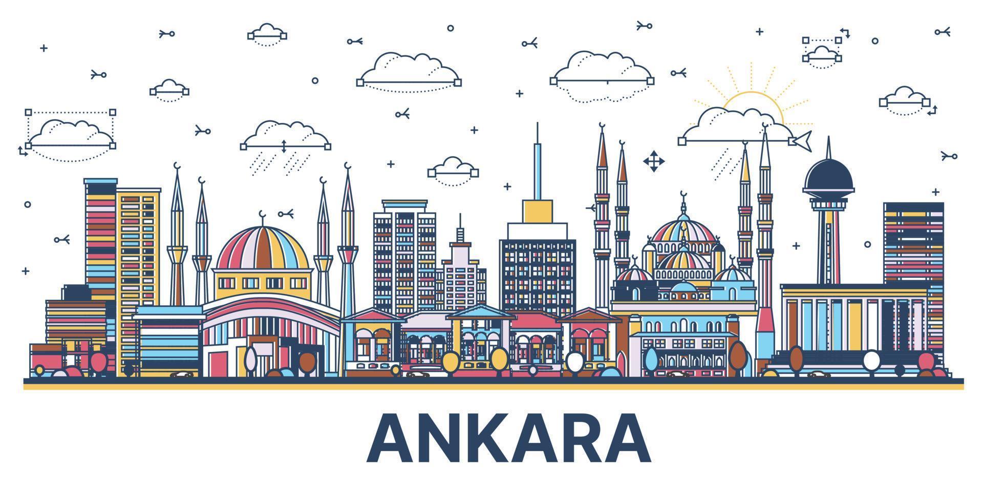 delinear el horizonte de la ciudad de ankara, turquía, con edificios históricos de colores aislados en blanco. vector