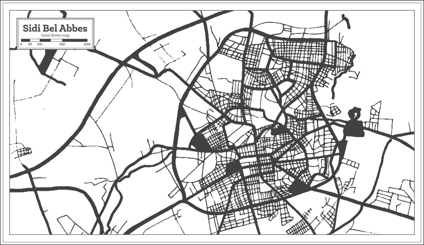 mapa de la ciudad de sidi bel abbes argelia en estilo retro en color blanco y negro. esquema del mapa. vector