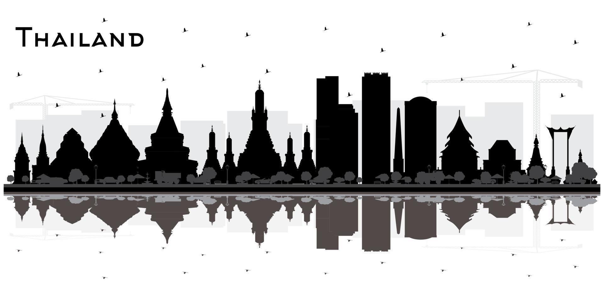 Thailand City Skyline Silhouette with Black Buildings and Reflections Isolated on White. vector