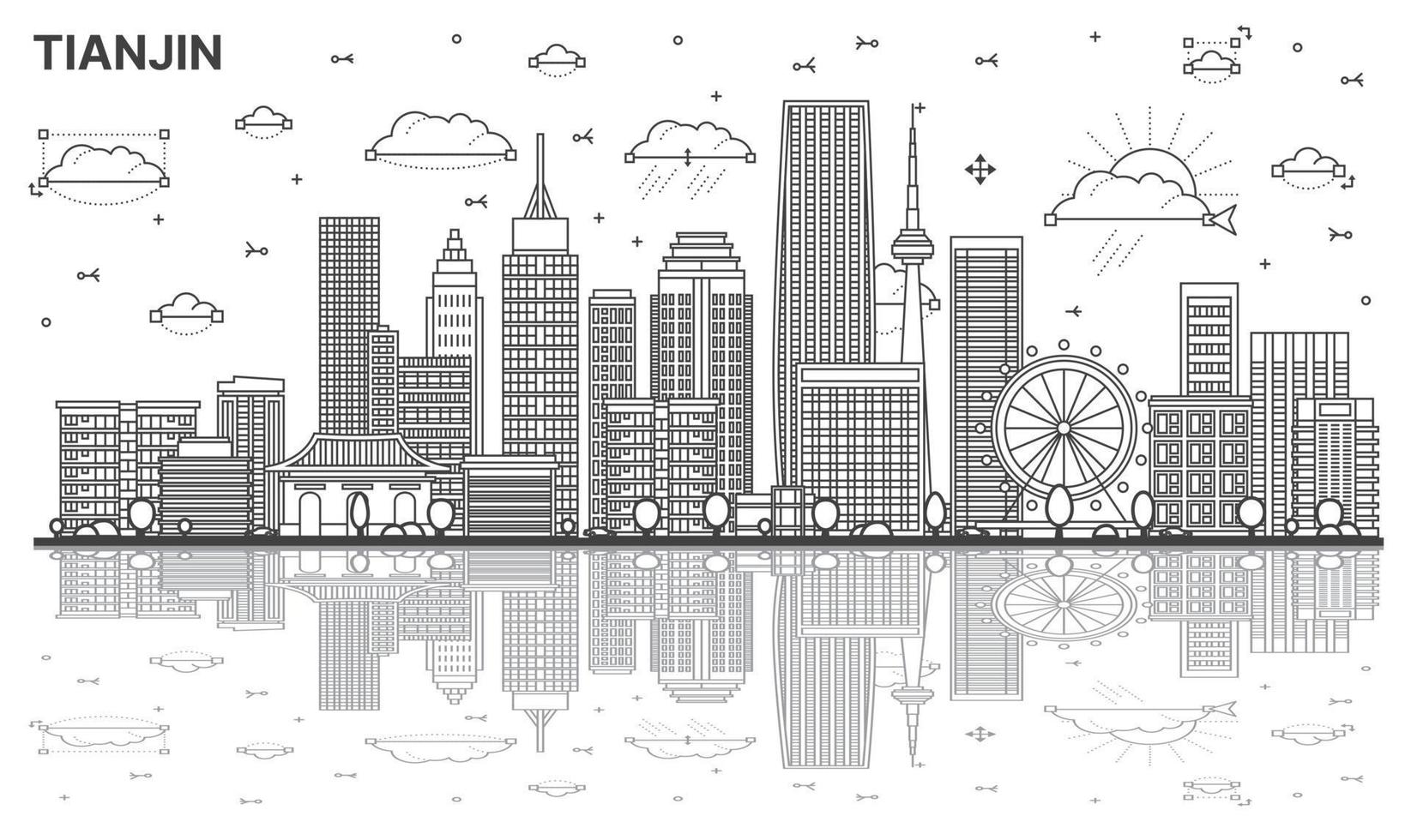 delinear el horizonte de la ciudad de tianjin china con edificios modernos y reflejos aislados en blanco. vector