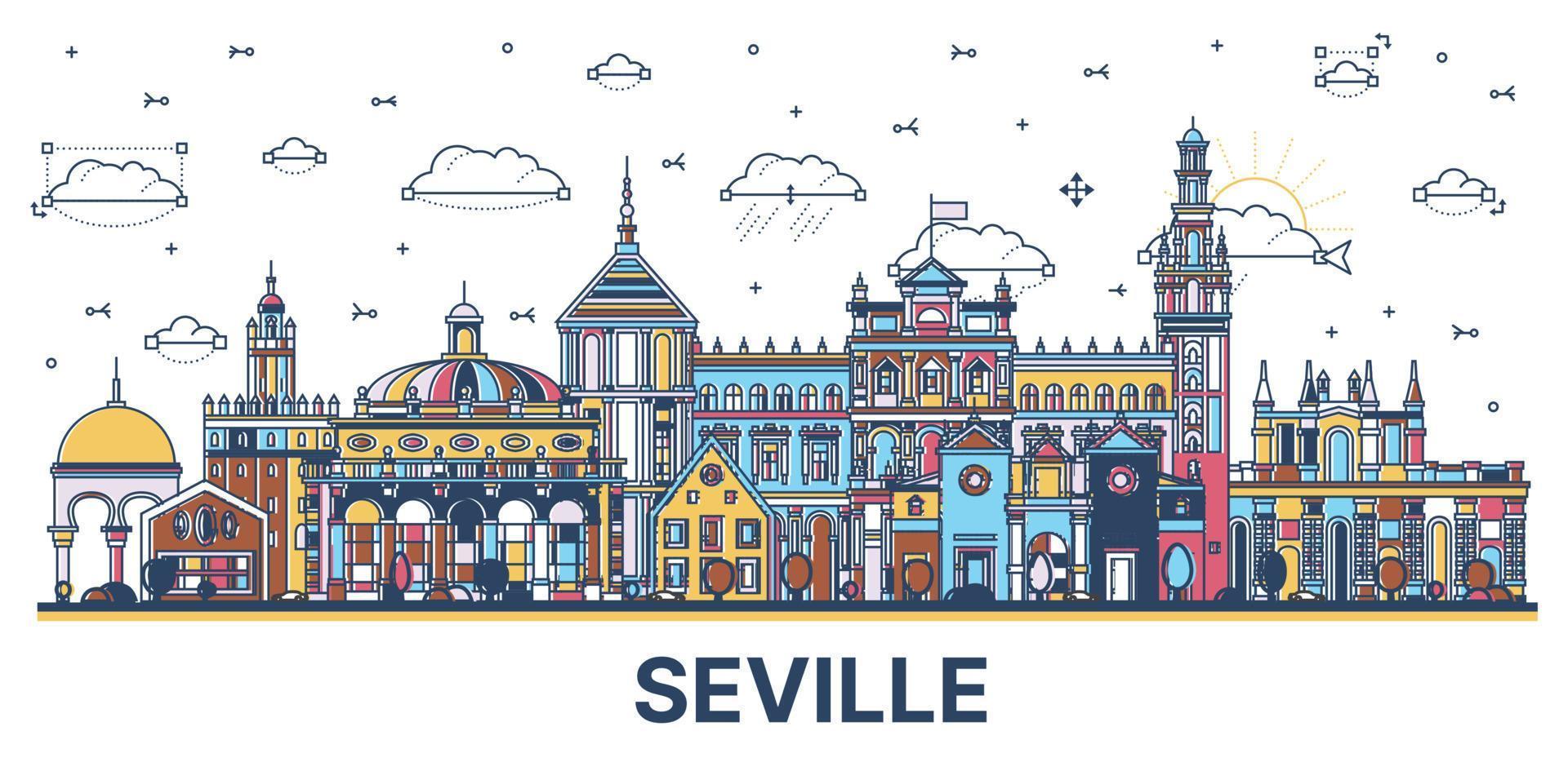 delinear el horizonte de la ciudad de sevilla españa con edificios históricos de colores aislados en blanco. vector