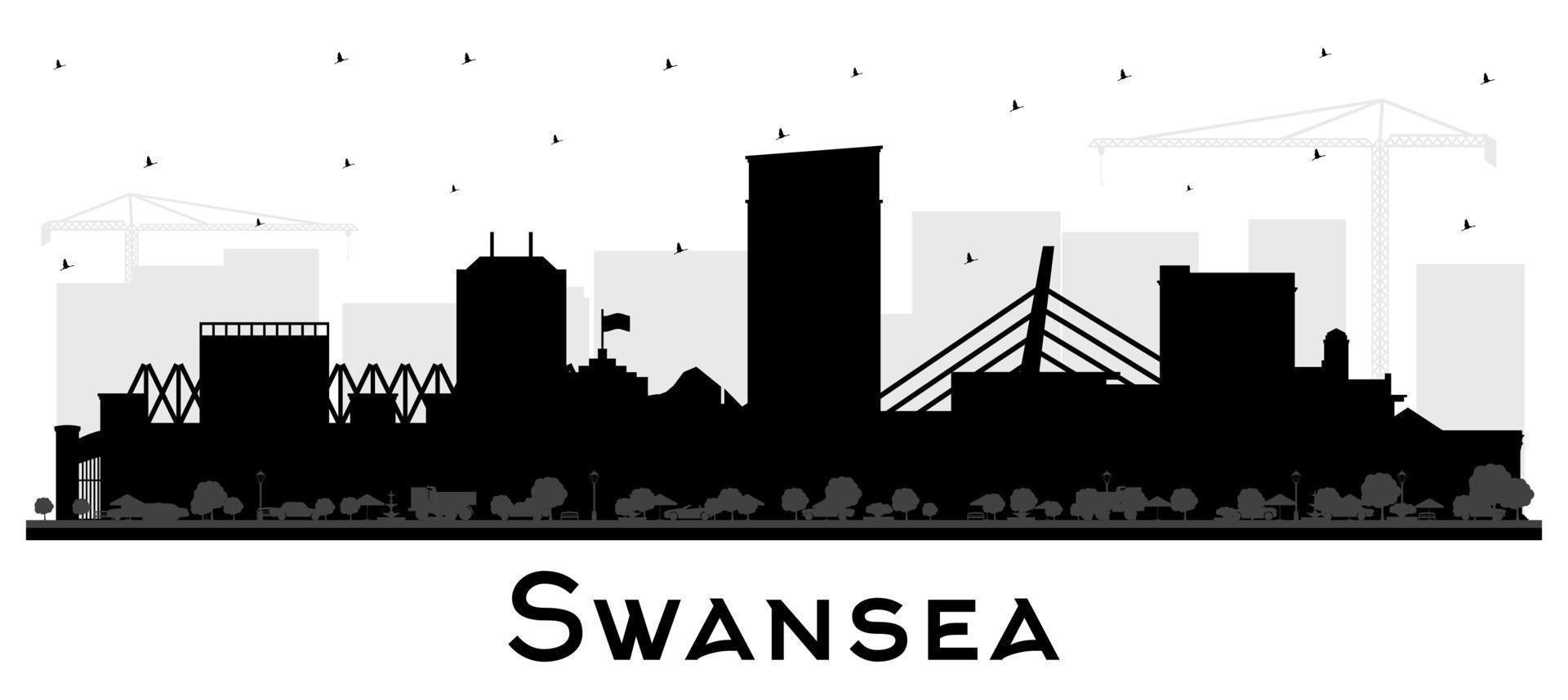 Swansea Wales City Skyline Silhouette with Black Buildings Isolated on White. vector