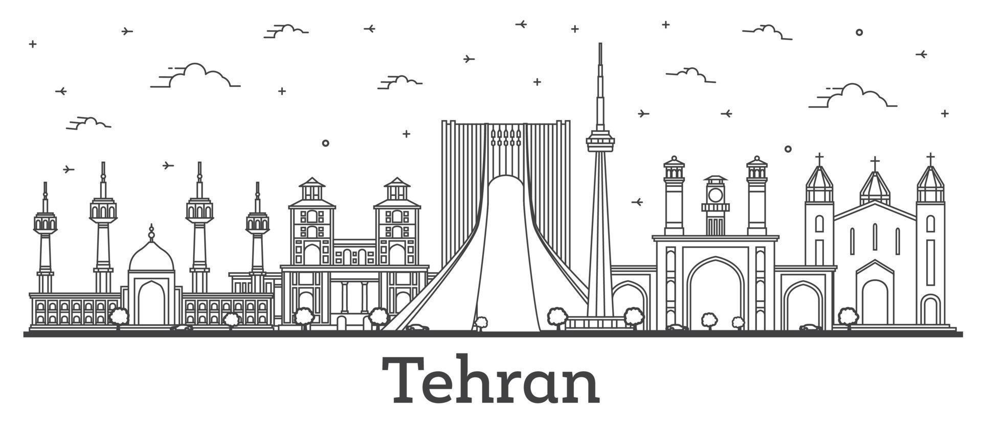 delinear el horizonte de la ciudad de teherán irán con edificios modernos e históricos aislados en blanco. vector