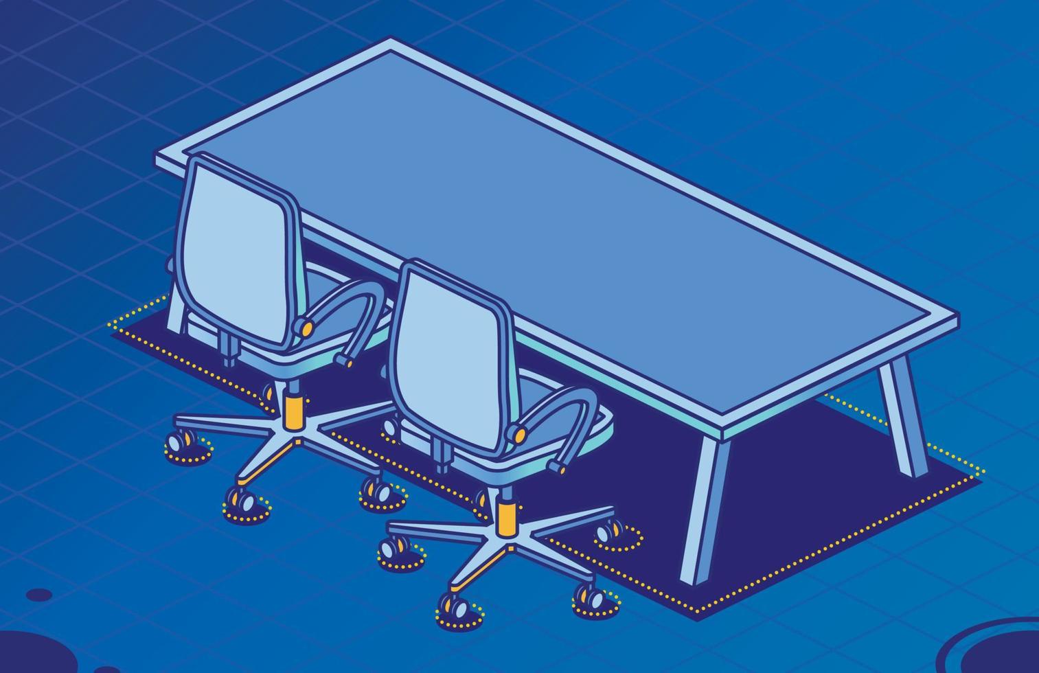 Two Isometric Office Chairs on Wheels and Modern Table with Four Legs. vector