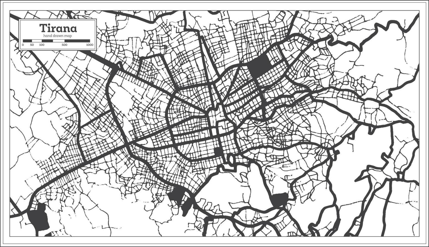 mapa de la ciudad de tirana albania en color blanco y negro en estilo retro aislado en blanco. vector