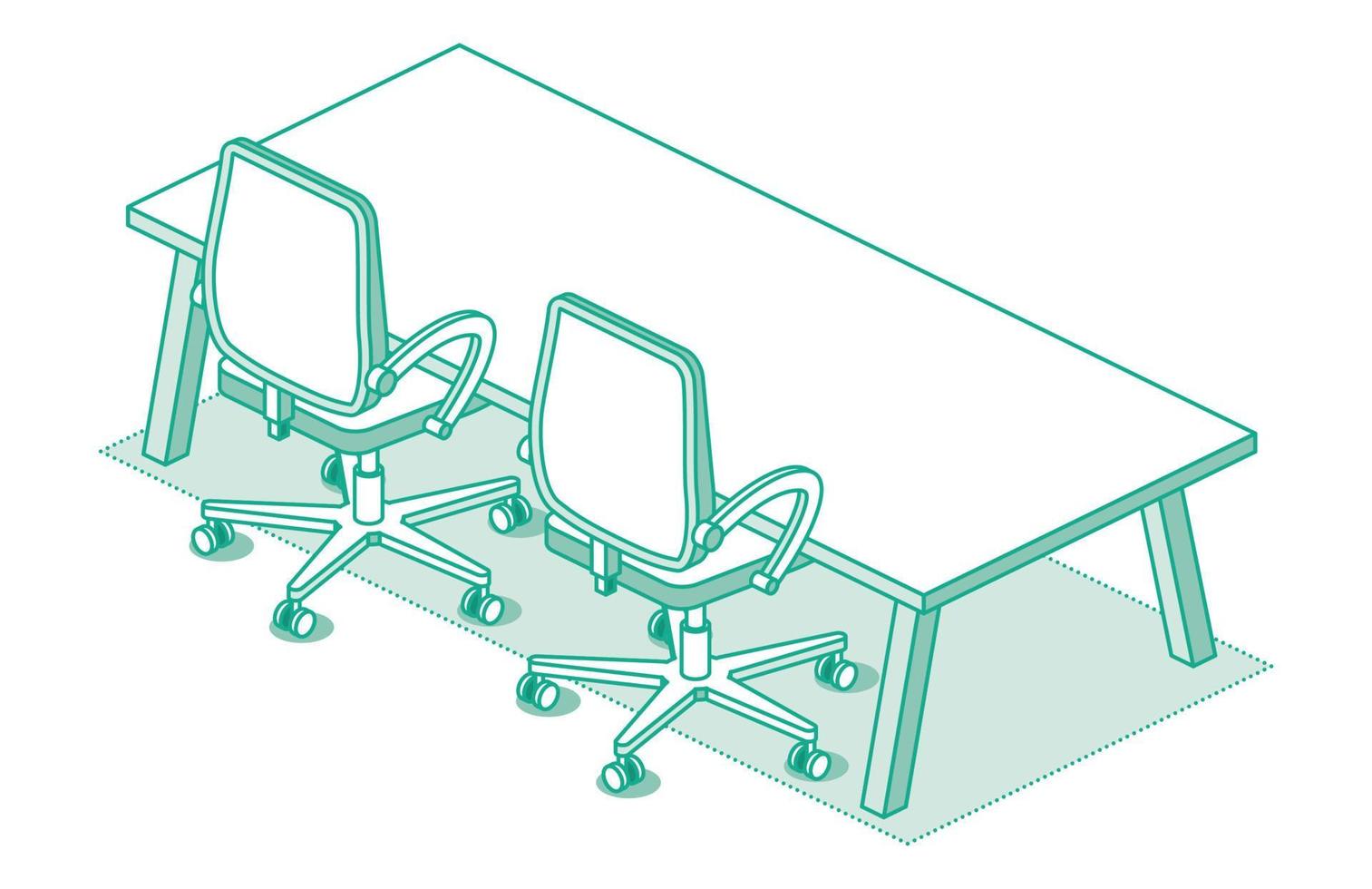 Two Isometric Office Chairs on Wheels and Modern Table with Four Legs. vector