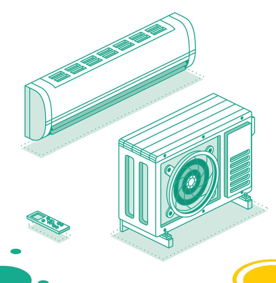 Air Conditioning System. Isometric Outline Concept. Outdoor Unit with Indoor and Remote Controller. vector