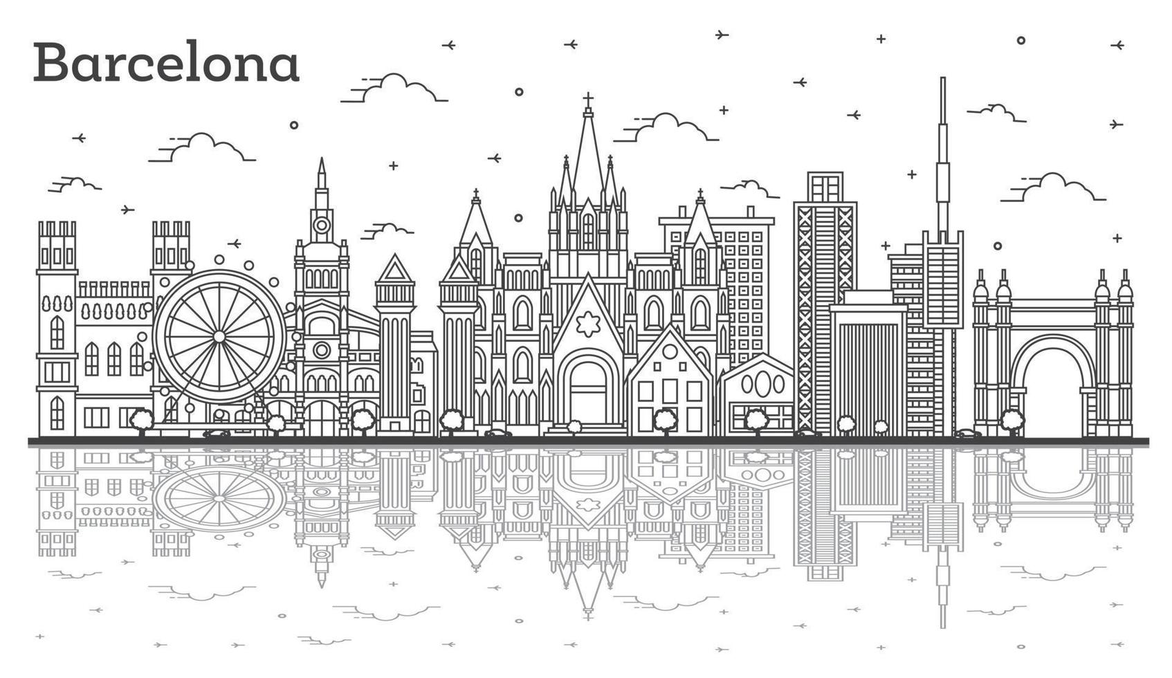 delinear el horizonte de la ciudad de barcelona españa con edificios históricos y reflejos aislados en blanco. vector