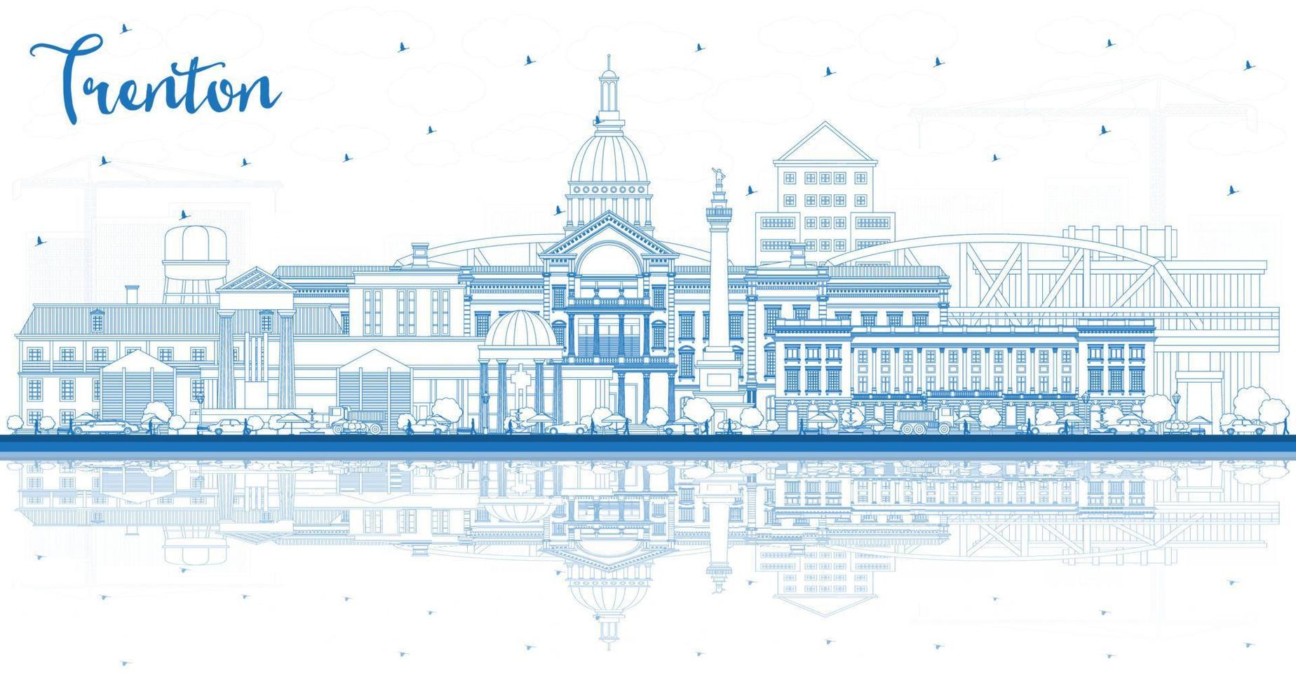 Outline Trenton New Jersey City Skyline with Blue Buildings and Reflections. vector