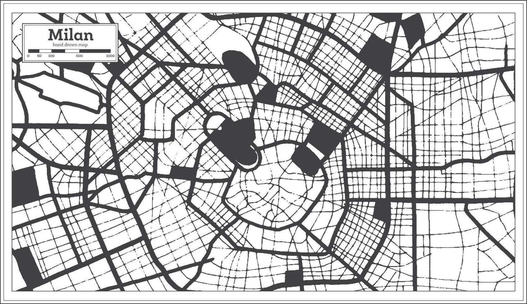 mapa de la ciudad de milán italia en color blanco y negro en estilo retro. esquema del mapa. vector
