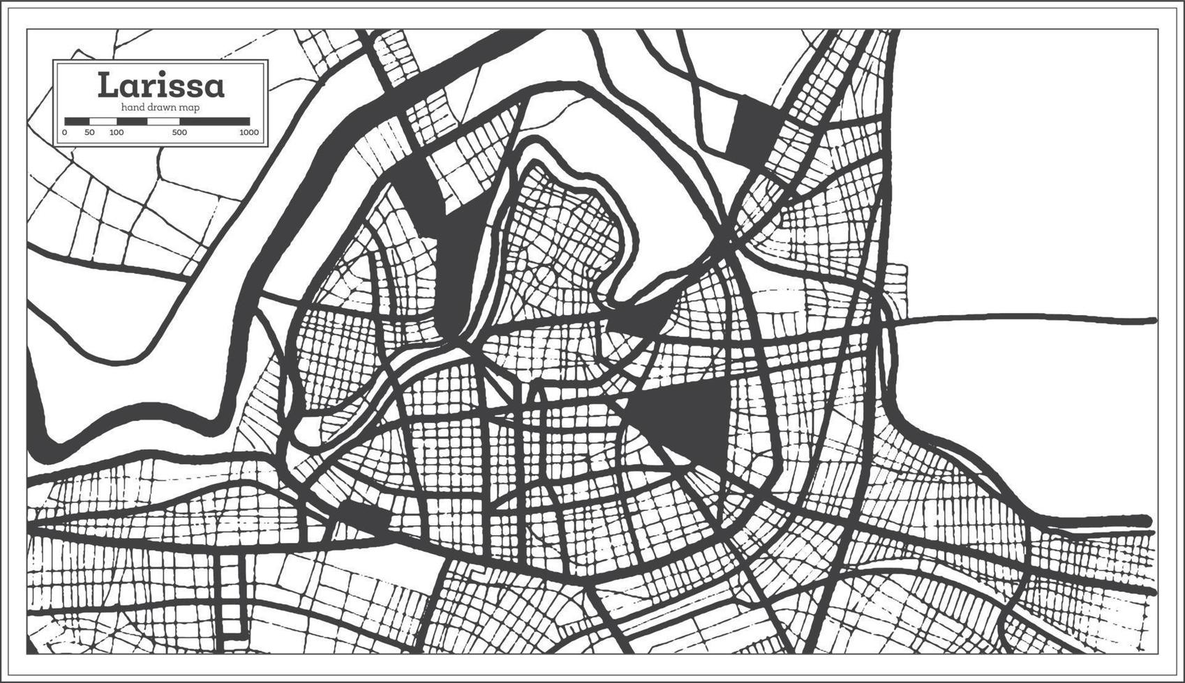 Larissa Greece City Map in Black and White Color in Retro Style