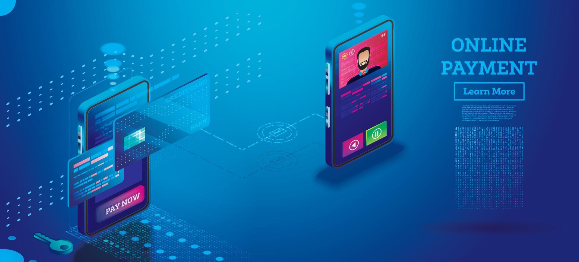 Online Payment with Mobile Phone Isometric Concept. Online shopping. vector