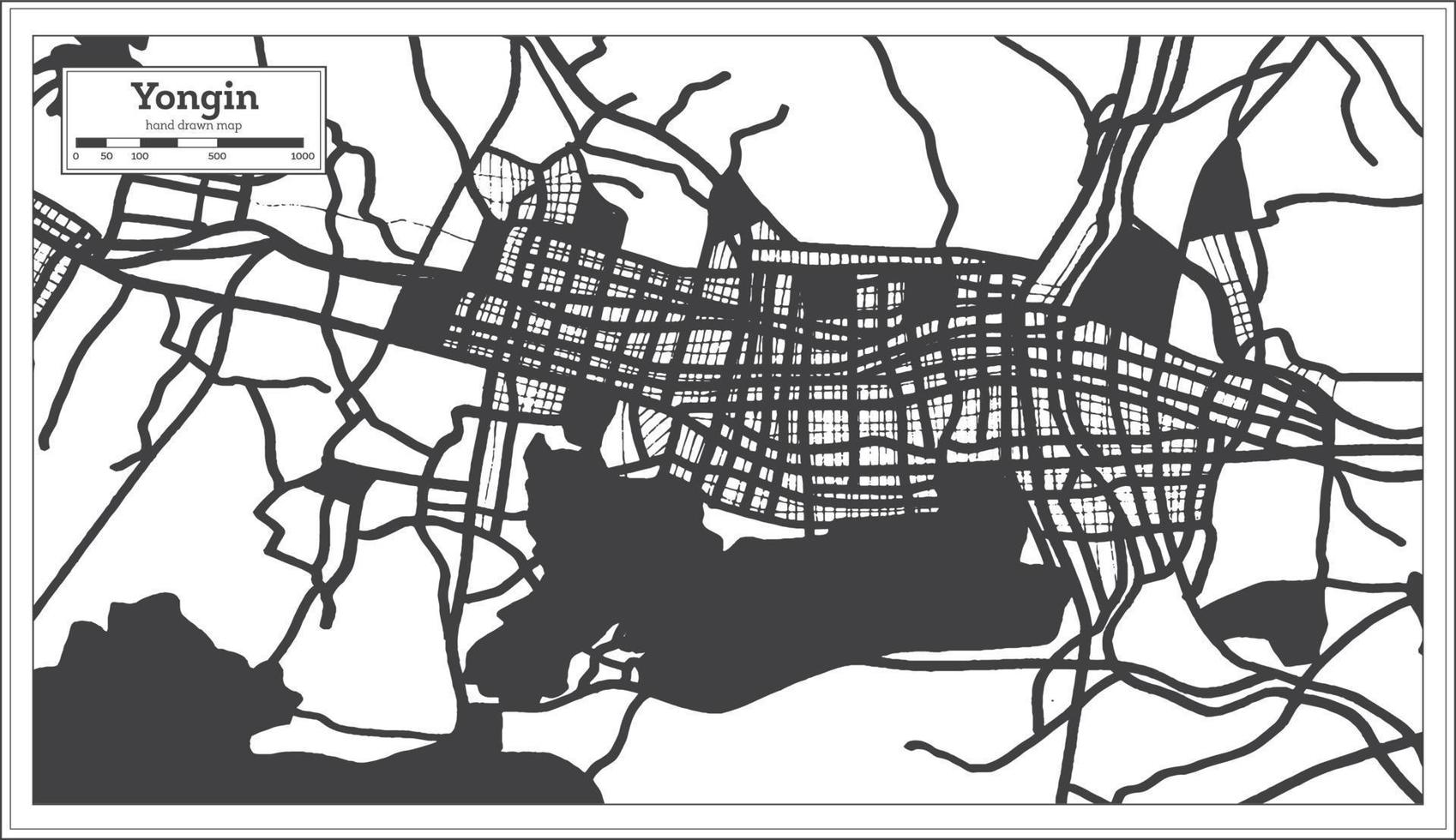 mapa de la ciudad de yongin corea del sur en color blanco y negro en estilo retro. vector