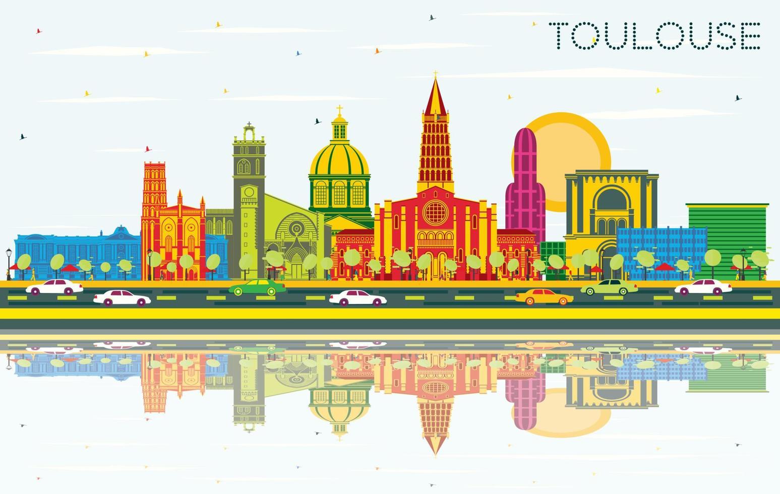 Toulouse France City Skyline with Color Buildings, Blue Sky and Reflections. vector