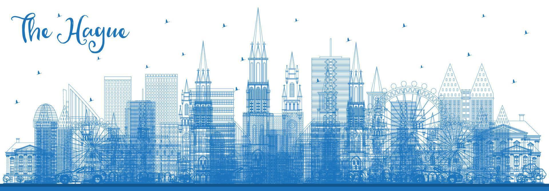 Outline The Hague Netherlands City Skyline with Blue Buildings. vector