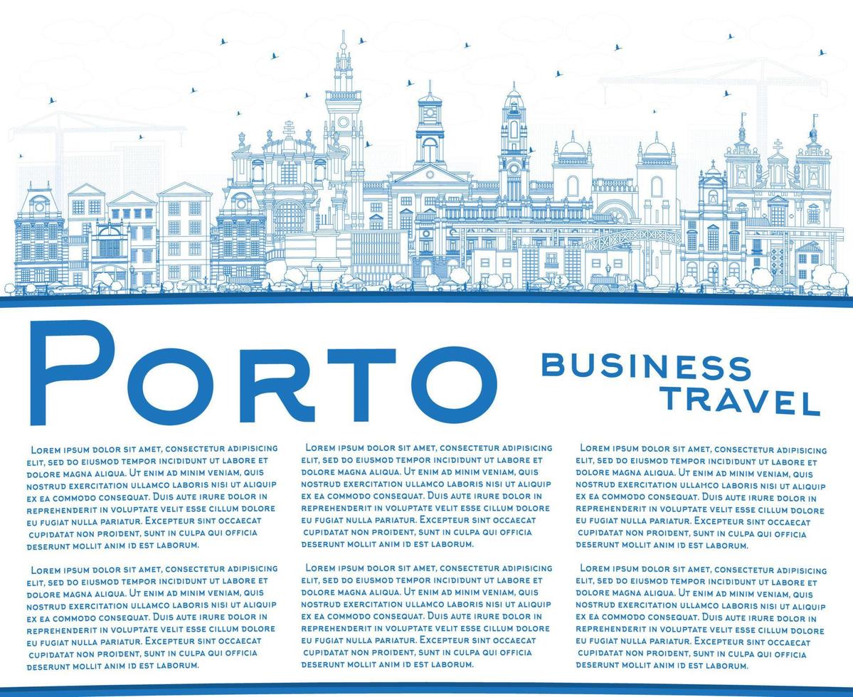 delinear el horizonte de la ciudad de porto portugal con edificios azules y espacio de copia. vector